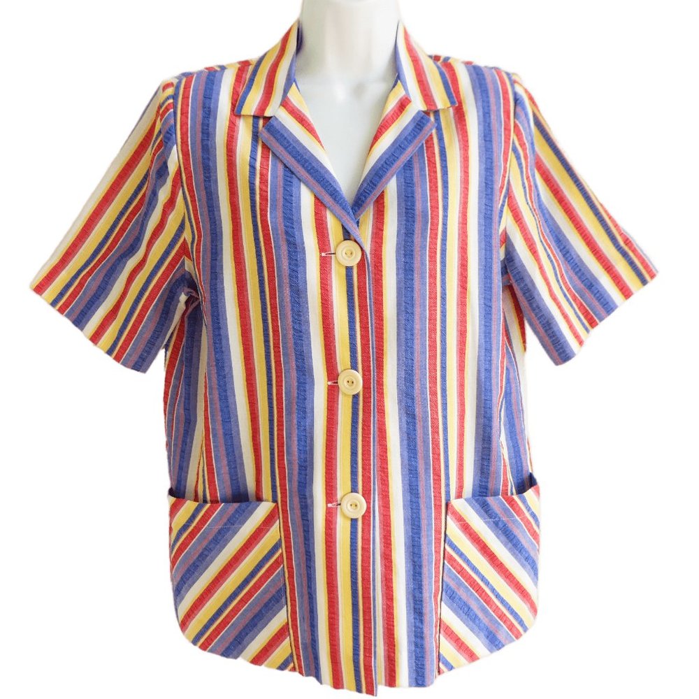 60s Frayne Rainbow Striped Seersucker Jacket Large Patch Pockets Rockabilly M